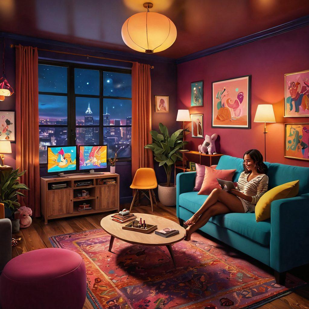 A vibrant and playful illustration of a cozy, stylish adult entertainment lounge with warm lighting and inviting decor. In the foreground, a couple shares a laugh while playfully engaging with a collection of playful toys and games, exuding joy and intimacy. Various sensual clip scenes subtly depicted in the background on screens, enhancing the theme of fun-loving intimacy. Colorful and whimsical elements to suggest joy and exploration. vibrant colors. cheerful atmosphere. digital art.