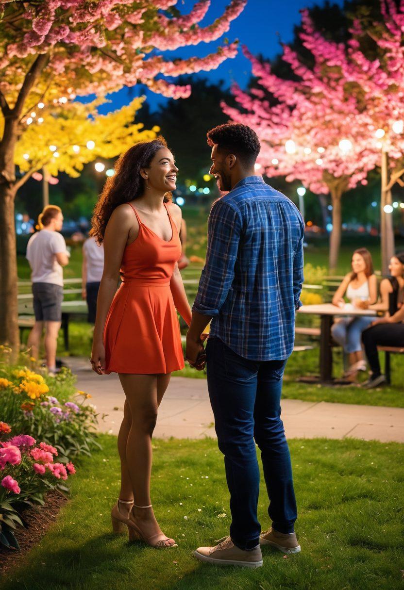 A vibrant and lively scene depicting diverse couples enjoying casual relationships in an urban park setting, showcasing moments of laughter, flirtation, and intimacy. The atmosphere is filled with color, featuring people of different ages and backgrounds engaged in playful activities and conversations, surrounded by blooming flowers and bright city lights. Capture a sense of excitement and connection. super-realistic. vibrant colors. urban setting.